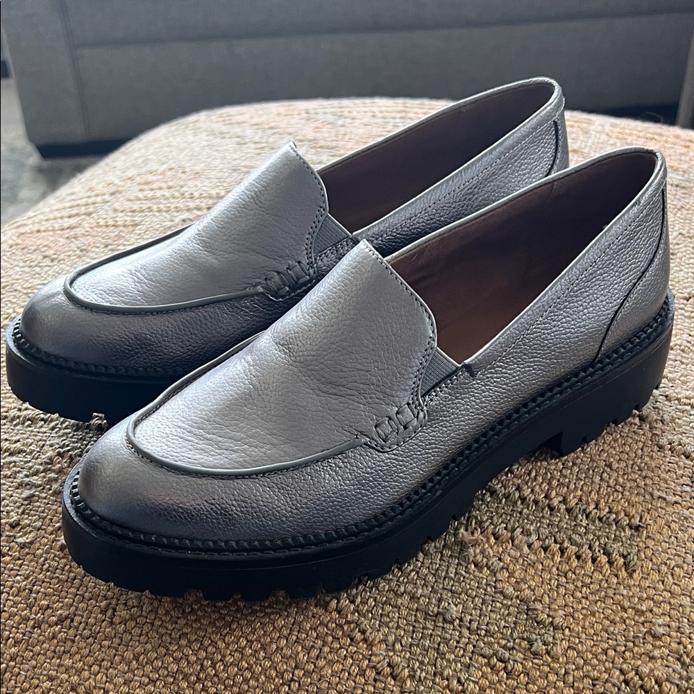 Metallic Gray Loafers with Chunky Sole and Almond Toe
